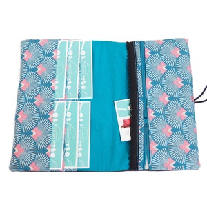 Portefeuille femme simili cuir marron tissu imprimé turquoise japonais