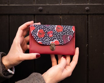 Women's purse attaches burgundy red Poppy imitation leather satchel and poppy and polka dot printed fabric