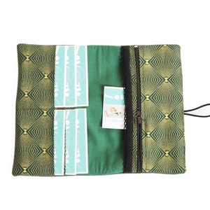 Portefeuille femme simili cuir vert empire tissu imprimé vert et doré