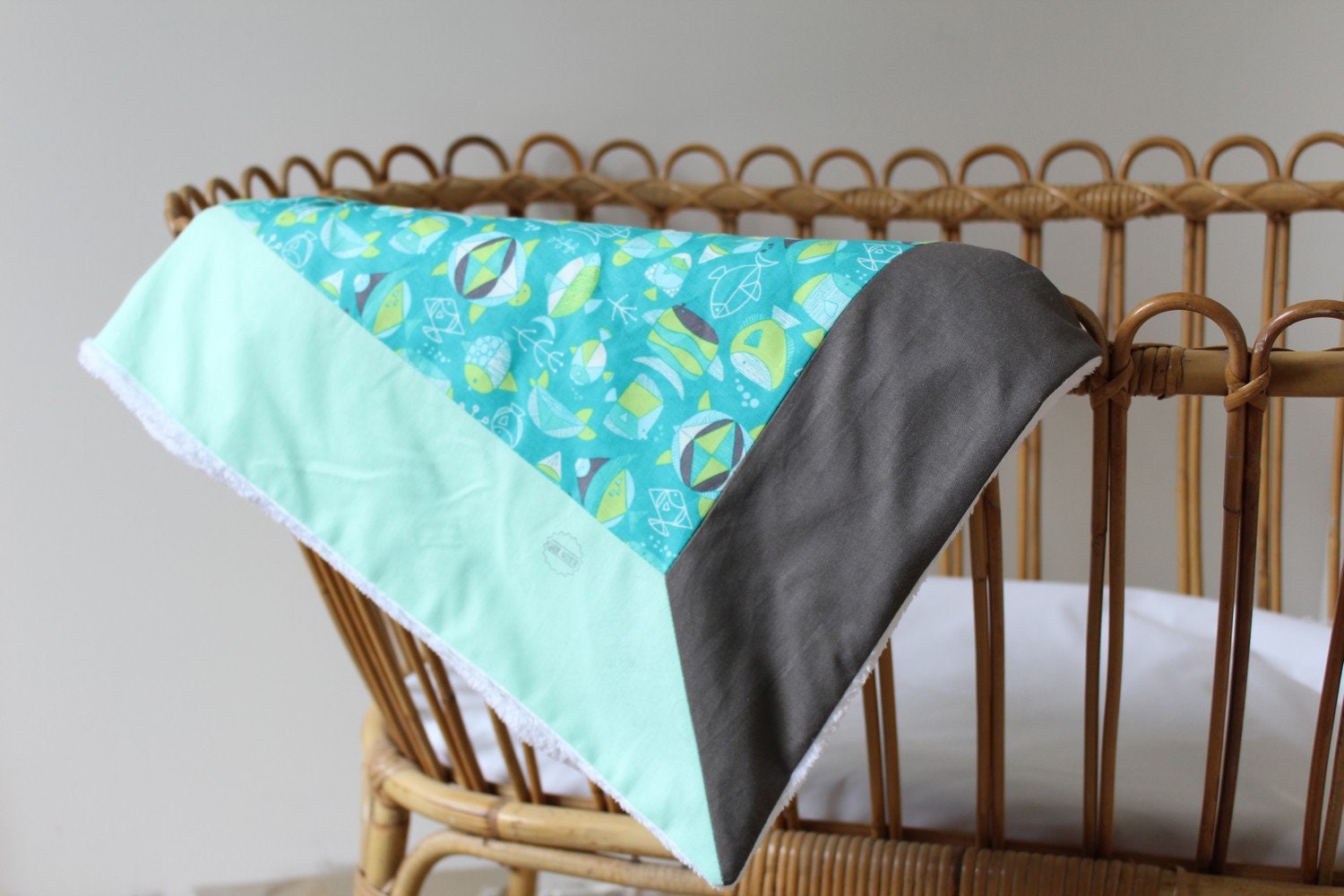 Couverture Bébé Minky et Tissu Imprimé Turquoise Poissons