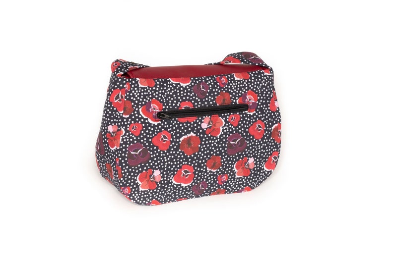 REVERSIBLE Poppy women's shoulder bag in burgundy red imitation leather and poppy and polka dot printed fabric image 6