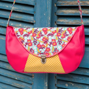 Sac besace femme bandoulière attache cartable simili cuir rose et tissu imprimé rose turquoise fleurs Rosa
