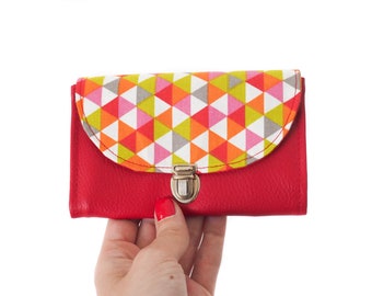 Women's coin holder ties bag simili red leather and bright red printed fabric triangles