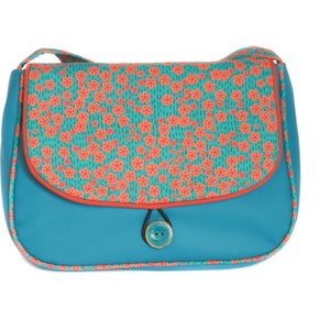 Sac bandoulière femme REVERSIBLE en simili cuir Lili bleu turquoise canard et tissu imprimé  fleurs orange