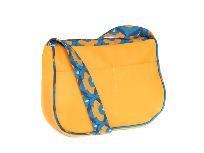 REVERSIBLE Paola women's shoulder bag in mustard yellow imitation leather and retro mustard yellow and turquoise printed fabric image 5