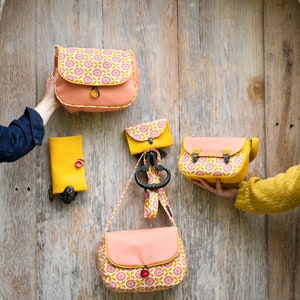 Charlie women's purse attaches yellow faux leather satchel and pink and yellow retro fabric image 3