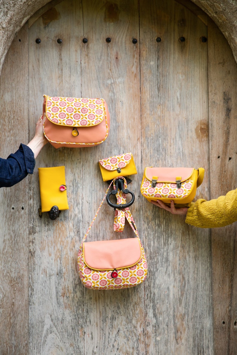 Charlie women's purse attaches yellow faux leather satchel and pink and yellow retro fabric image 3