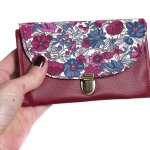 Women's purse attaches satchel in burgundy red imitation leather and liberty style flower print fabric image 6