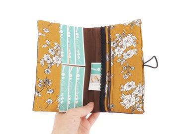 Women's wallet faux leather brown ebony fabric printed mustard flowers