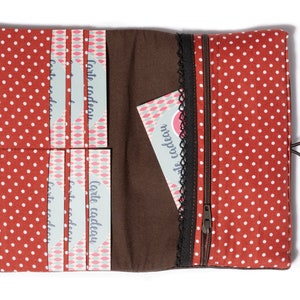 Portefeuille femme simili cuir Juliette marron ébène tissu imprimé rouille pois