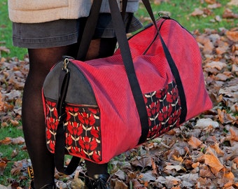 Aline Weekend Bag or Changing Bag Burgundy red and black corduroy and flower printed fabric