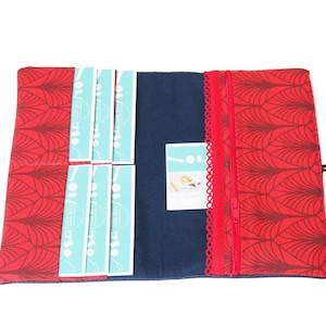 Portefeuille femme simili cuir bleu marine tissu imprimé rouge feuilles