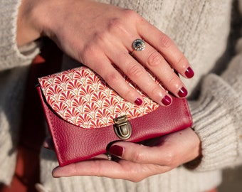 Women's coin purse attaches retro Sarah satchel in burgundy red imitation leather and geometric printed fabric