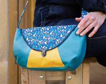 Bolso bandolera de mujer con enganche para mochila escolar en piel sintética de pato turquesa y tejido estampado Pépites mostaza