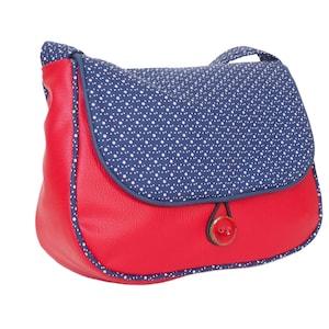 Sac bandoulière femme REVERSIBLE en simili cuir rouge et tissu imprimé bleu pois