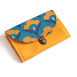 Porte monnaie femme Paola attache cartable simili cuir jaune moutarde et tissu bleu turquoise rétro image 4