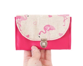 Women's coin holder ties bag simili pink leather and pink flamingo print fabric
