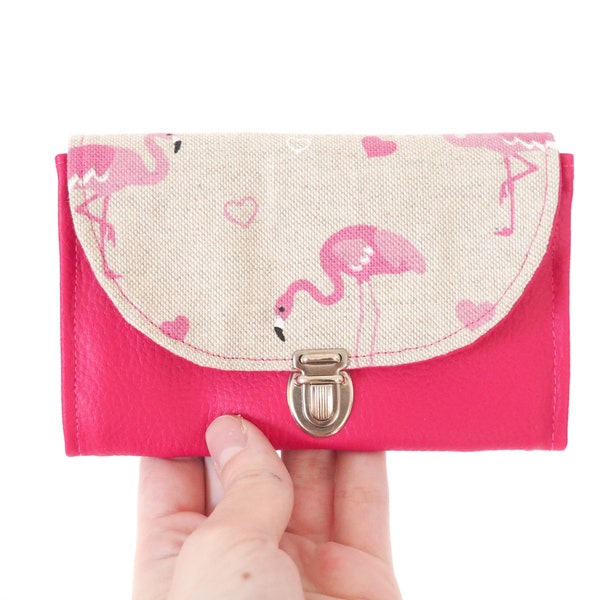 Porte monnaie femme attache cartable simili cuir rose et  tissu imprimé flamant rose