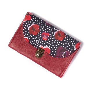 Porte monnaie femme attache cartable simili cuir Poppy rouge bordeaux et tissu imprimé coquelicots et pois image 6