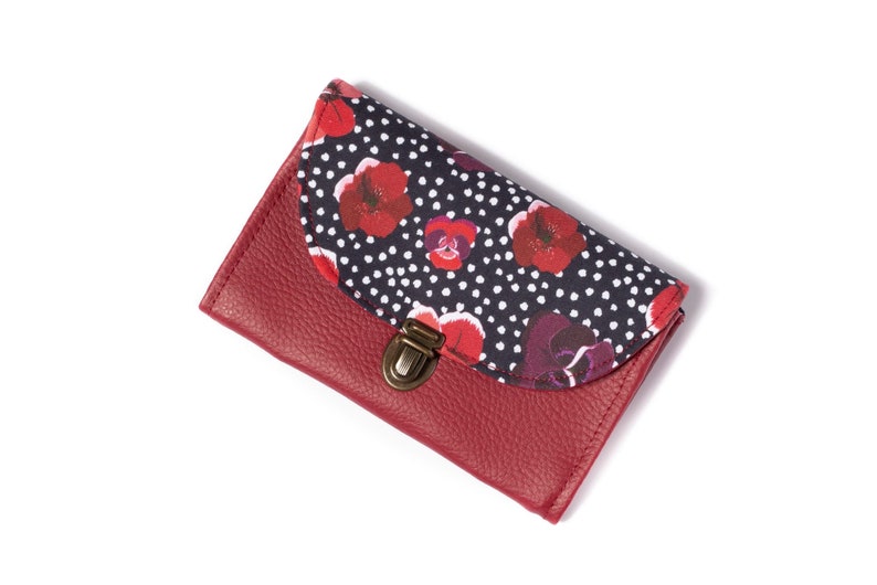 Porte monnaie femme attache cartable simili cuir Poppy rouge bordeaux et tissu imprimé coquelicots et pois image 6