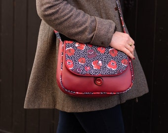 REVERSIBLE Poppy women's shoulder bag in burgundy red imitation leather and poppy and polka dot printed fabric