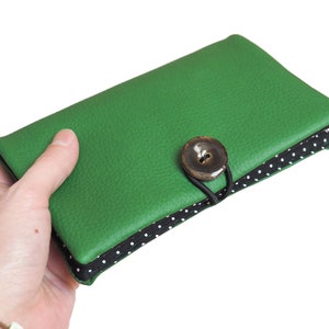 Portefeuille femme simili cuir vert tissu imprimé noir pois blancs