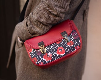 Poppy women's shoulder bag in burgundy red imitation leather and printed fabric poppies and polka dots