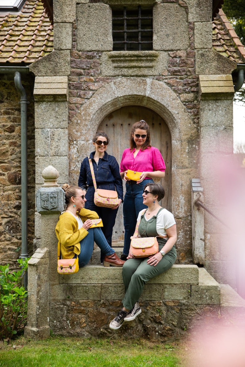 Charlie women's purse attaches yellow faux leather satchel and pink and yellow retro fabric image 4