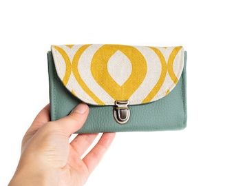 Women's wallet attachment retro satchel Sidonie mustard imitation green leather and fabric printed linen and mustard