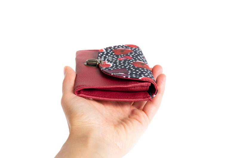 Women's purse attaches burgundy red Poppy imitation leather satchel and poppy and polka dot printed fabric image 4