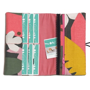 Portefeuille femme simili cuir vert kaki tissu imprimé vert et rose