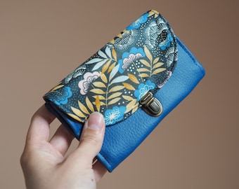 Women's wallet attachment satchel imitation electric blue leather and fabric blue vegetable foliage