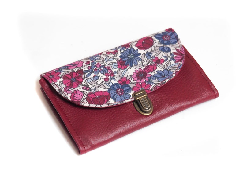 Women's purse attaches satchel in burgundy red imitation leather and liberty style flower print fabric image 5