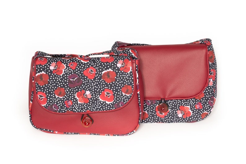 REVERSIBLE Poppy women's shoulder bag in burgundy red imitation leather and poppy and polka dot printed fabric image 8