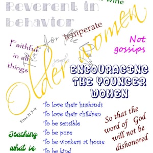 May include: A yellow and blue graphic with the text "Older Women" in a large, stylized font. The graphic includes a list of qualities and characteristics of older women, including "Faithful in all things", "temperate", "not gossips", "encouraging the younger women", and "teaching what is good". The graphic also includes the Bible verse Titus 2:3-4.