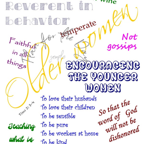 Older Women - Titus 2 Scripture - Bible  Printable Graphic Poster - Godly Woman Teaching Younger