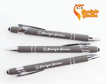 Premium Grey Laser Engraved Pens with Stylus - Bulk Pack of Black Ballpoint Pens Gray Pen