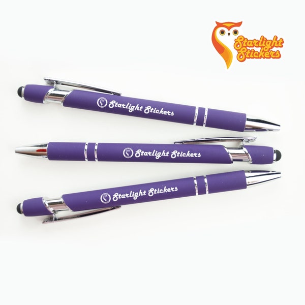 Premium Purple Laser-Engraved Pens with Stylus - Bulk Pack of Black Ballpoint Pens