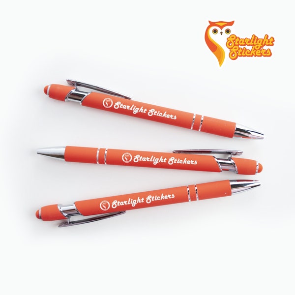 Premium Orange Laser-Engraved Pens with Stylus - Bulk Pack of Black Ballpoint Pens