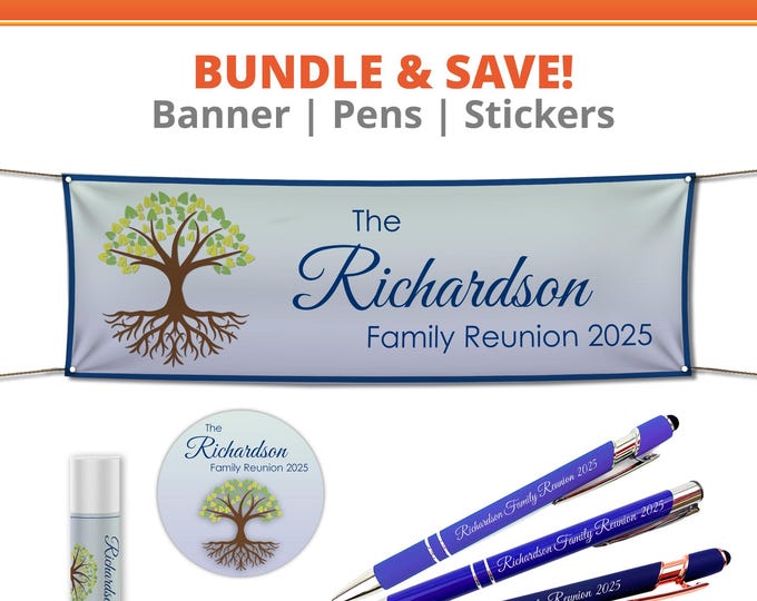 Ultimate FAMILY REUNION Package: Custom Vinyl Banner, Labels, Engraved Pens - Bundle & SAVE!