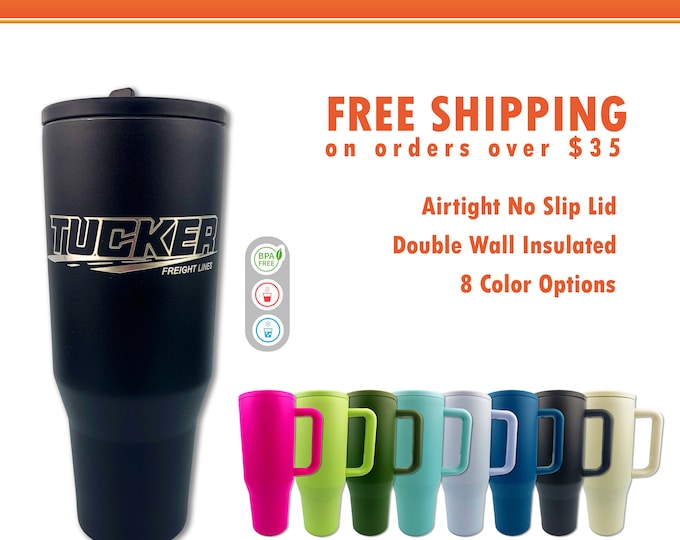 Set of 6 Engraved Stainless Steel 40oz Tumblers with Flip Up Straw - Personalized Drinkware