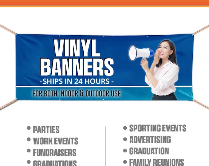 CUSTOM VINYL BANNERS - Event Banner - Business Banner - Ships in 24 Hours - Waterproof Hemmed With Metal Grommets Print Banner