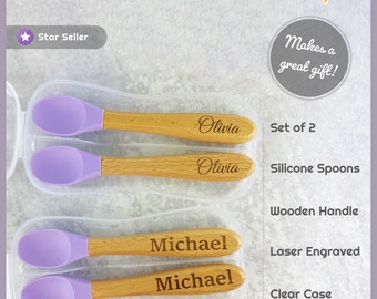 Custom Baby Spoon with Name - Set of 2 Spoons with Case - Purple and Wood