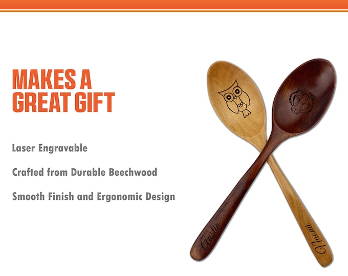 Personalized Custom Wooden Spoon - 7" Long - Laser Engraved - Dark or Light Wood