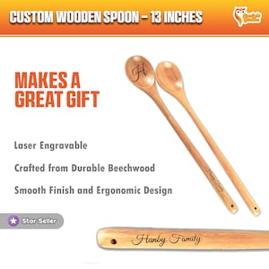 Custom Wooden Spoon, 13&quot; Long, Laser Engraved
