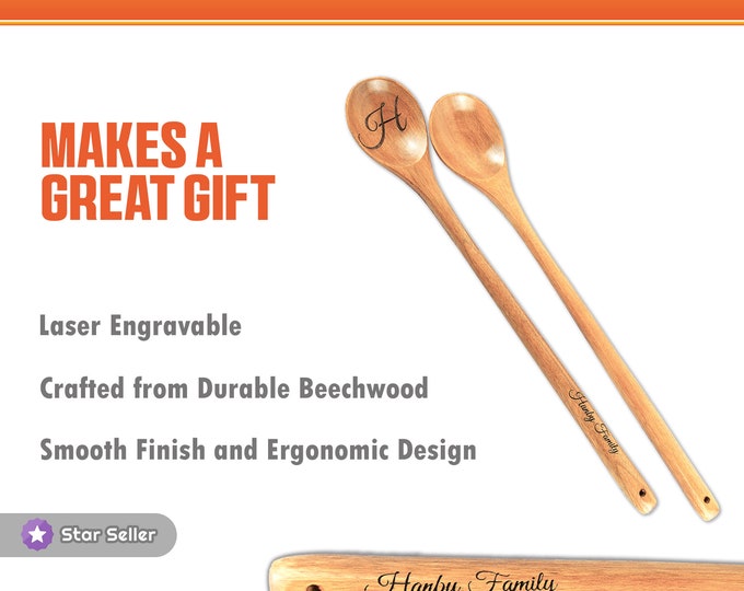 Custom Wooden Spoon, 13" Long, Laser Engraved