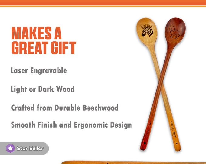 Custom Wooden Spoon, 13" Long, Laser Engraved - Dark or Light Wood