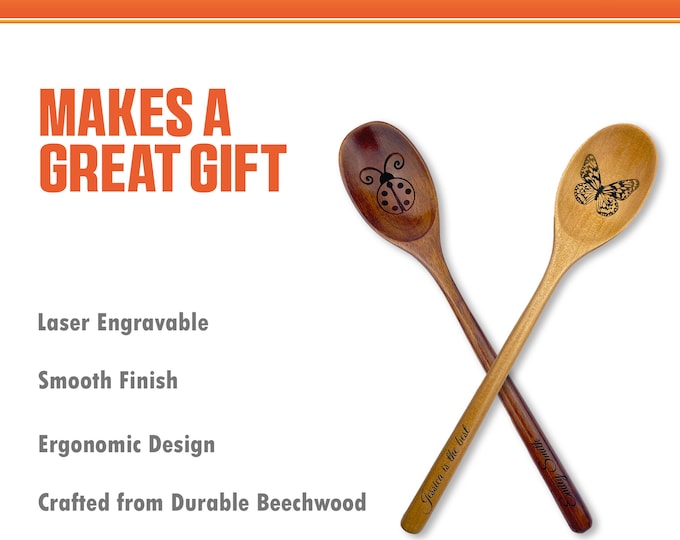 Personalized Custom Wooden Spoon - 9" Long - Laser Engraved - Dark or Light Wood