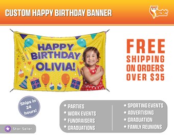 Custom Happy Birthday Banner - 13 oz HP Prime Glossy Banner with hem and grommets or corner tabs. Personalized Birthday Banner