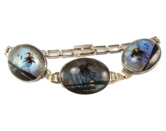 Sterling bracelet with painted butterfly wing background art deco 20's - 7 1/4"